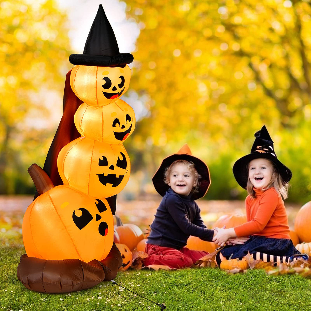 7 Ft Inflatable Stacked Pumpkins with Witch Hat