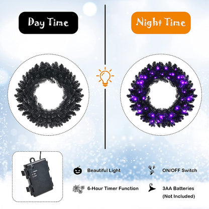 24 In Black Pre-Lit Halloween Wreath, Purple LEDs