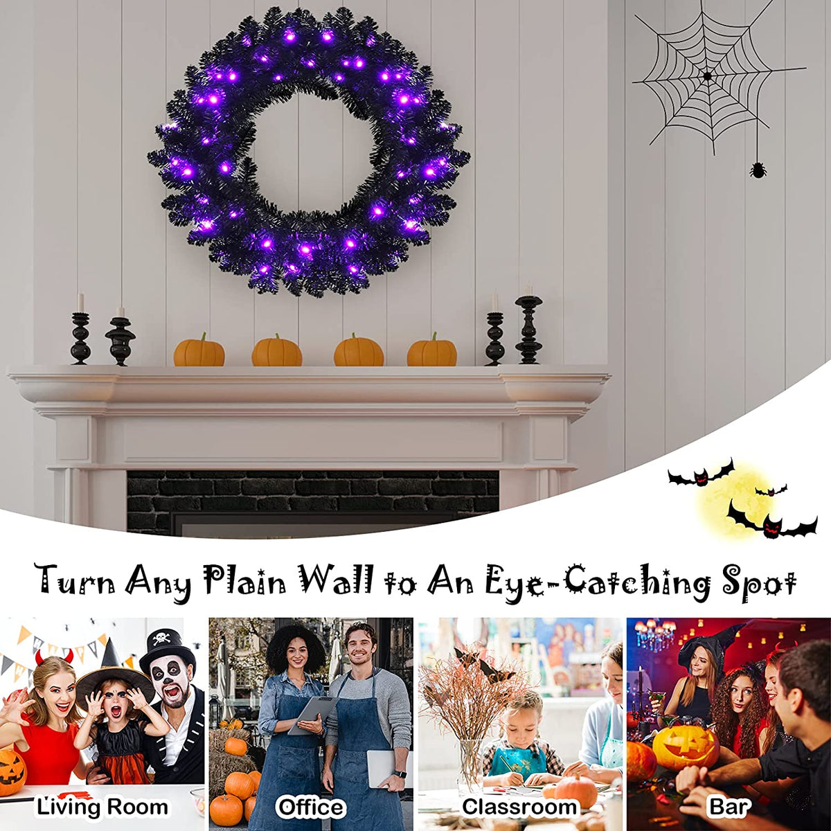24 In Black Pre-Lit Halloween Wreath, Purple LEDs