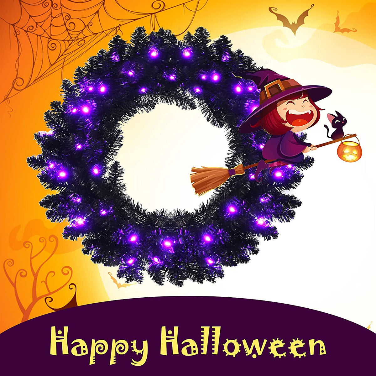 24 In Black Pre-Lit Halloween Wreath, Purple LEDs