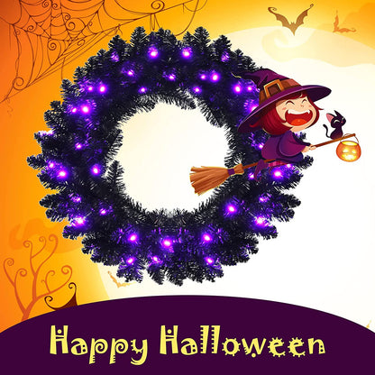 24 In Black Pre-Lit Halloween Wreath, Purple LEDs