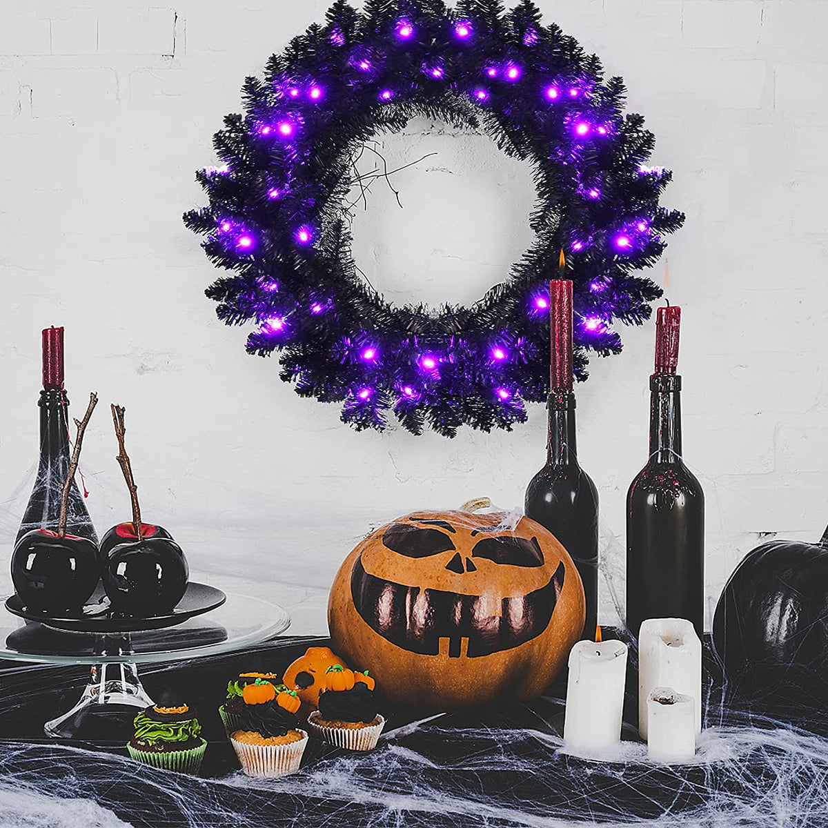 24 In Black Pre-Lit Halloween Wreath, Purple LEDs