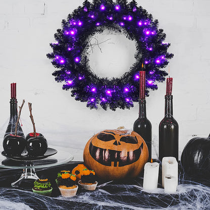 24 In Black Pre-Lit Halloween Wreath, Purple LEDs