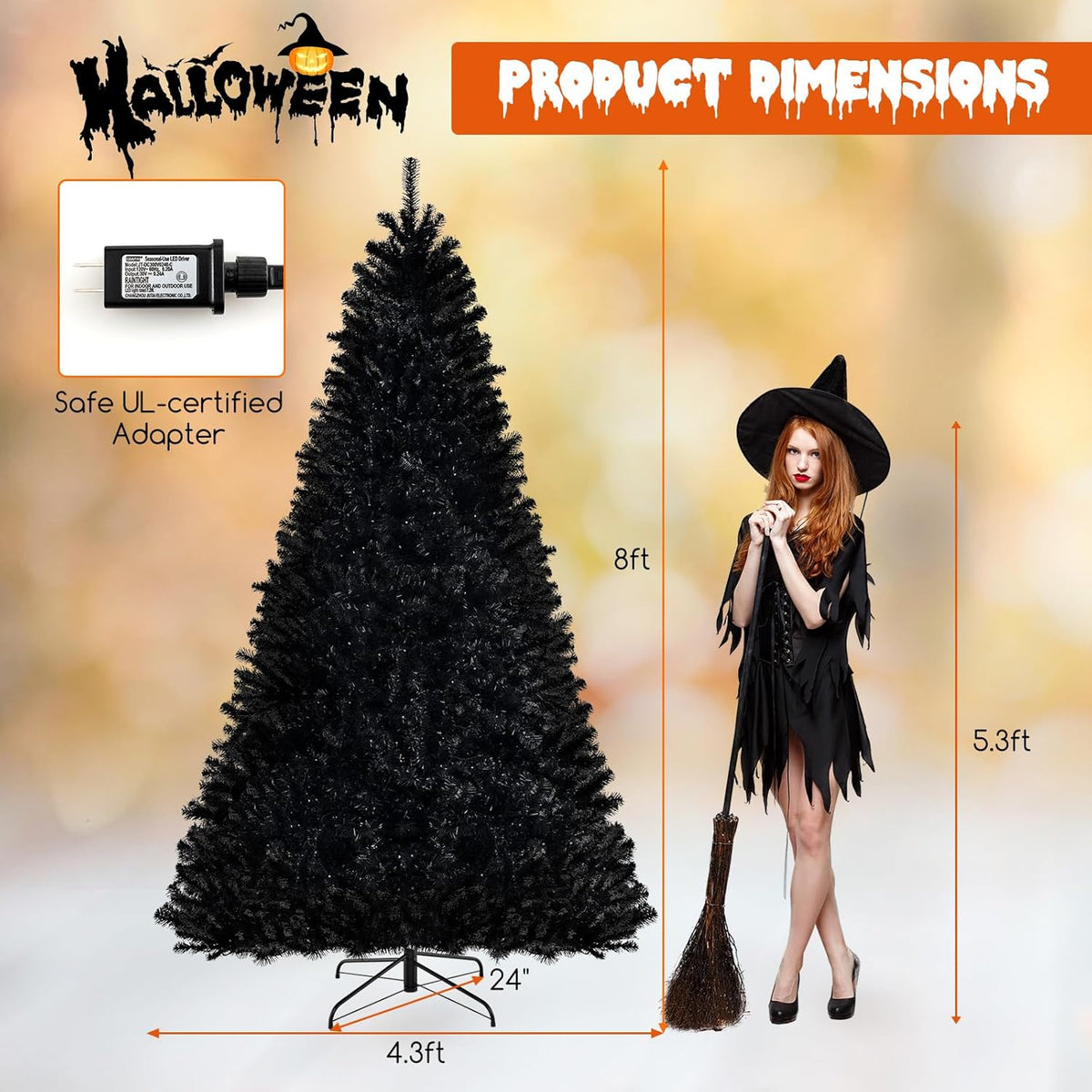 6, 7 or 8 Ft Pre-Lit Black Halloween Tree