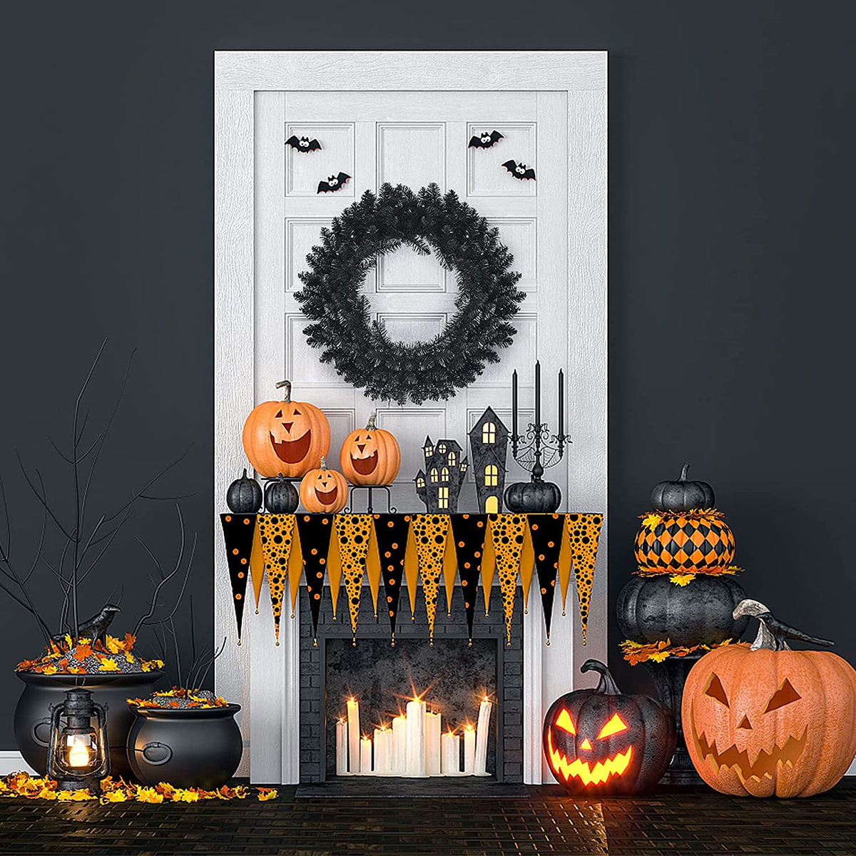 24 In Black Pre-Lit Halloween Wreath, Purple LEDs