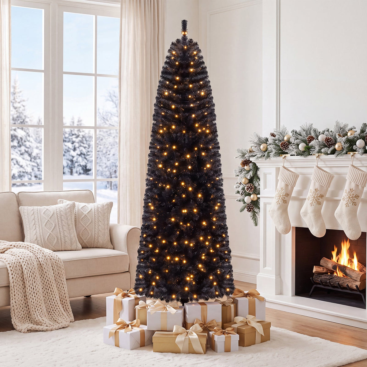 7 or 8 Ft Pre-Lit Black Slim Artificial Tree