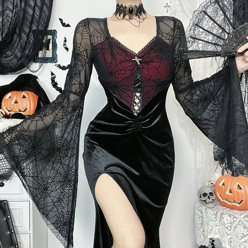 Spiderweb Velvet Bell Sleeve Mini Dress