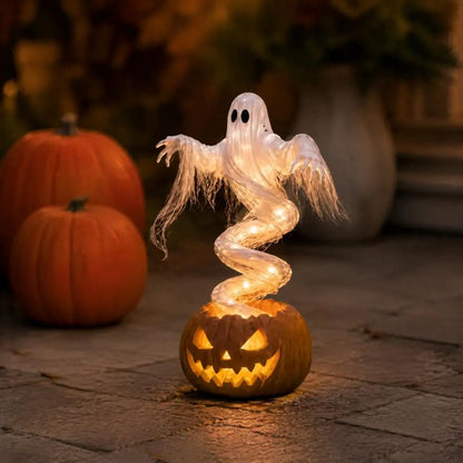 Light Up Ghost and Pumpkin Resin Statue - 8 in