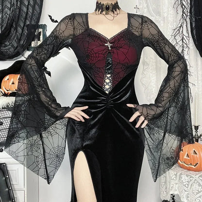 Spiderweb Velvet Bell Sleeve Mini Dress