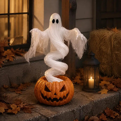 Light Up Ghost and Pumpkin Resin Statue - 8 in