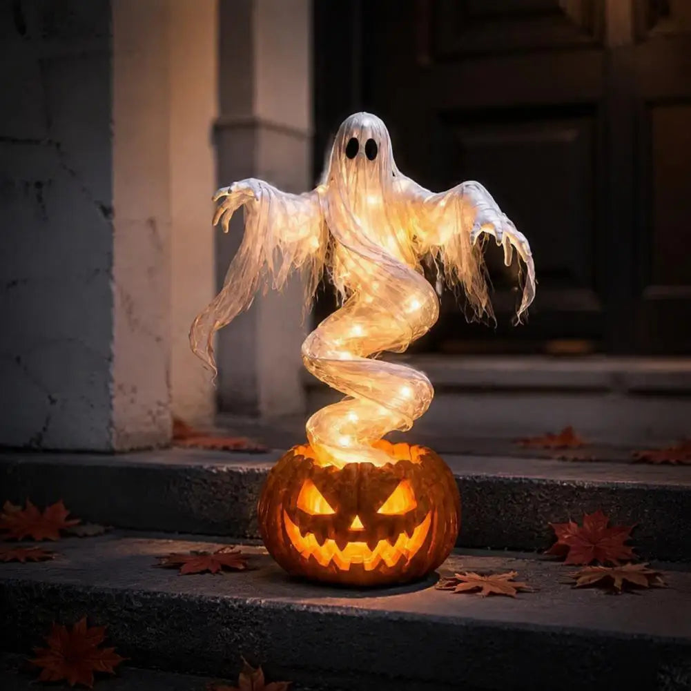 Light Up Ghost and Pumpkin Resin Statue - 8 in