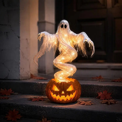 Light Up Ghost and Pumpkin Resin Statue - 8 in
