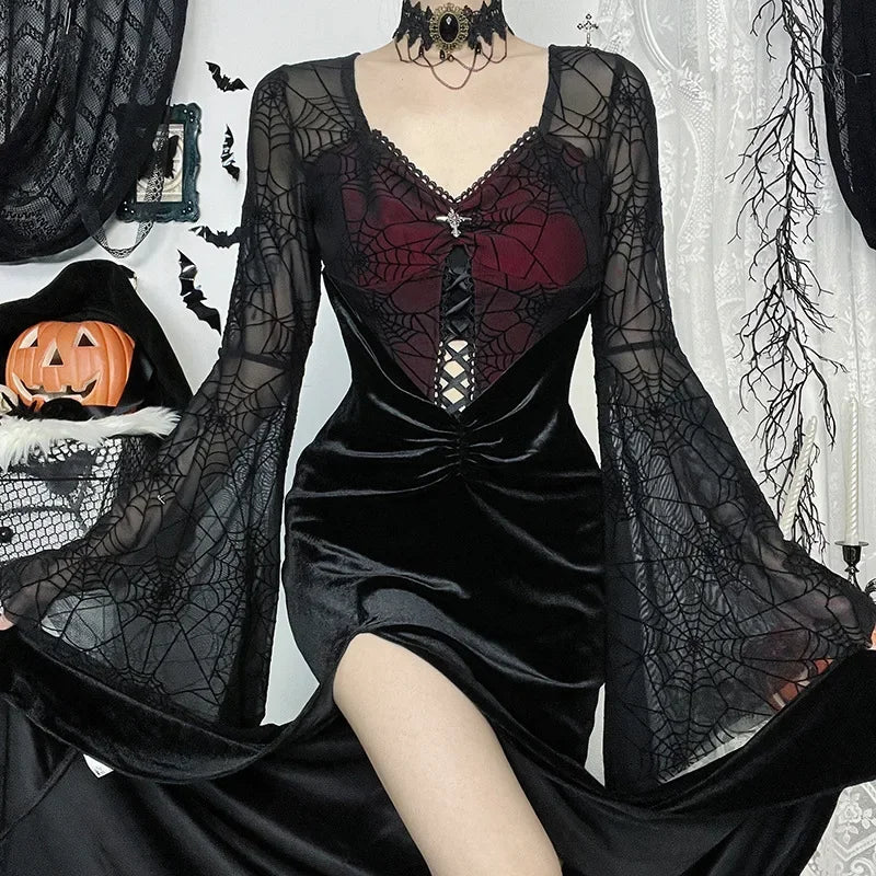 Spiderweb Velvet Bell Sleeve Mini Dress