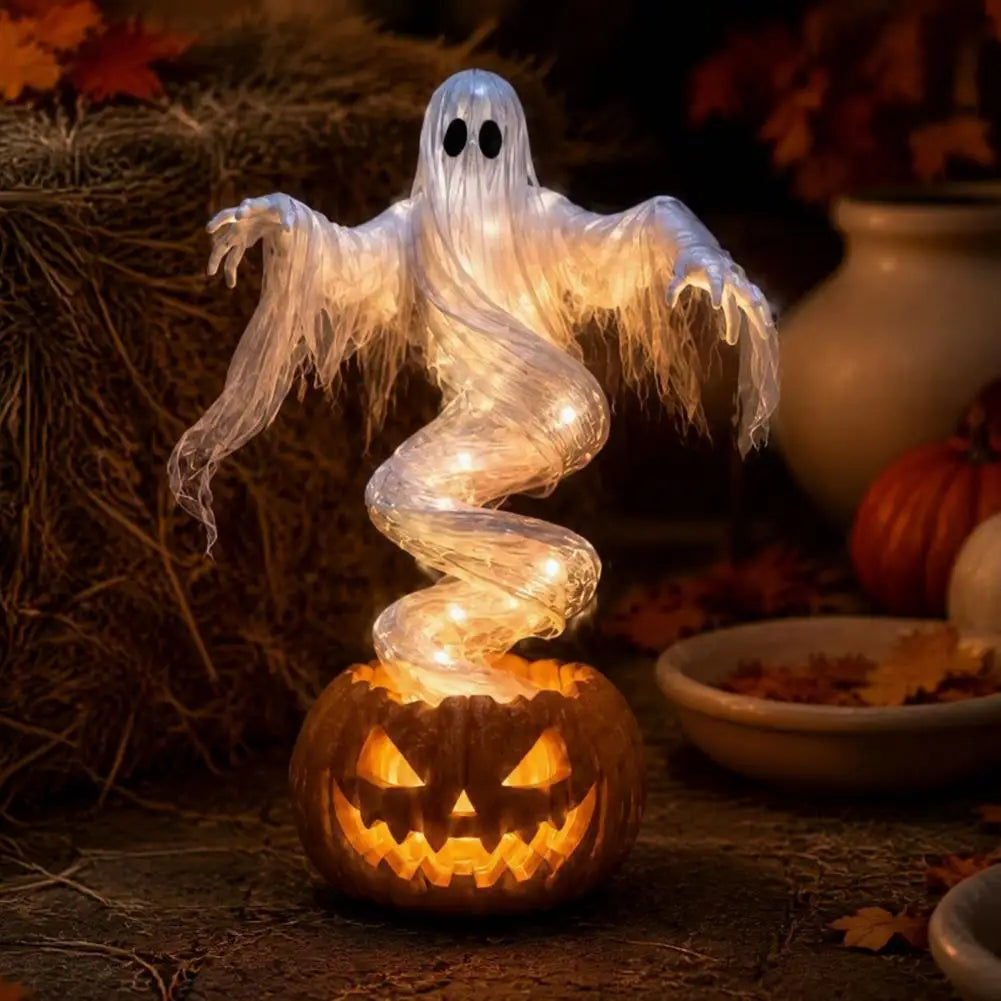 Light Up Ghost and Pumpkin Resin Statue - 8 in
