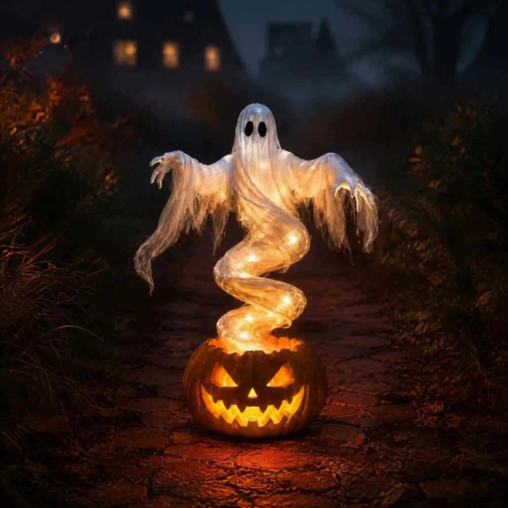 Light Up Ghost and Pumpkin Resin Statue - 8 in
