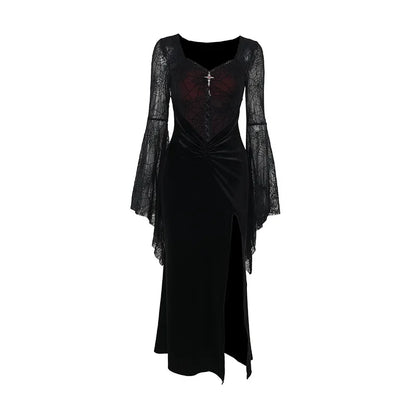 Spiderweb Velvet Bell Sleeve Mini Dress