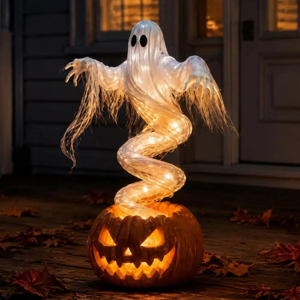 Light Up Ghost and Pumpkin Resin Statue - 8 in