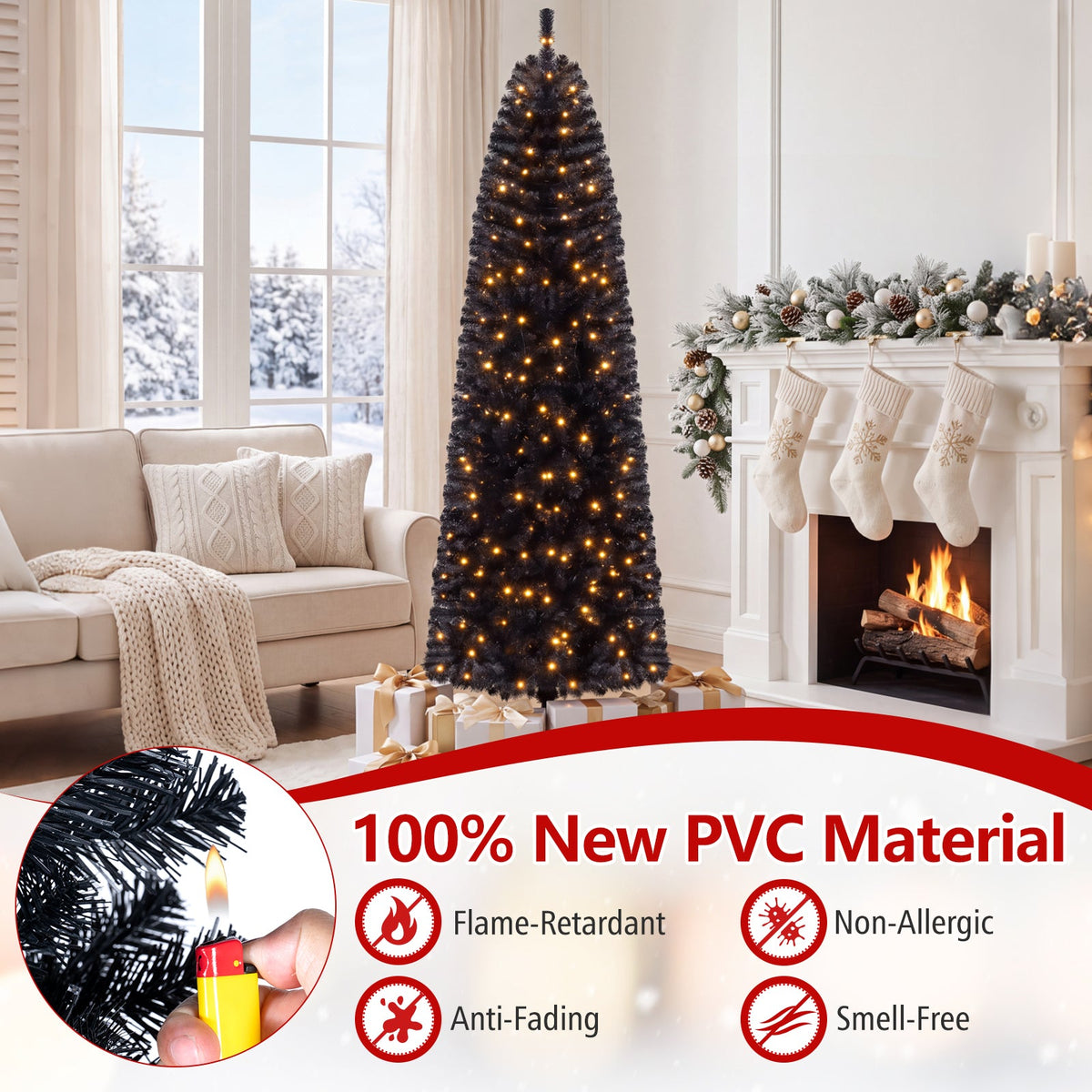 7 or 8 Ft Pre-Lit Black Slim Artificial Tree