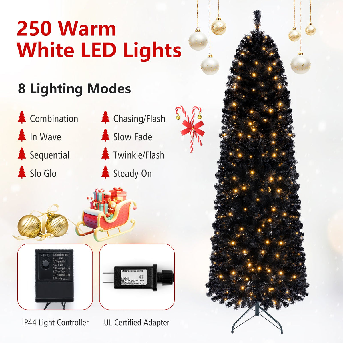 7 or 8 Ft Pre-Lit Black Slim Artificial Tree