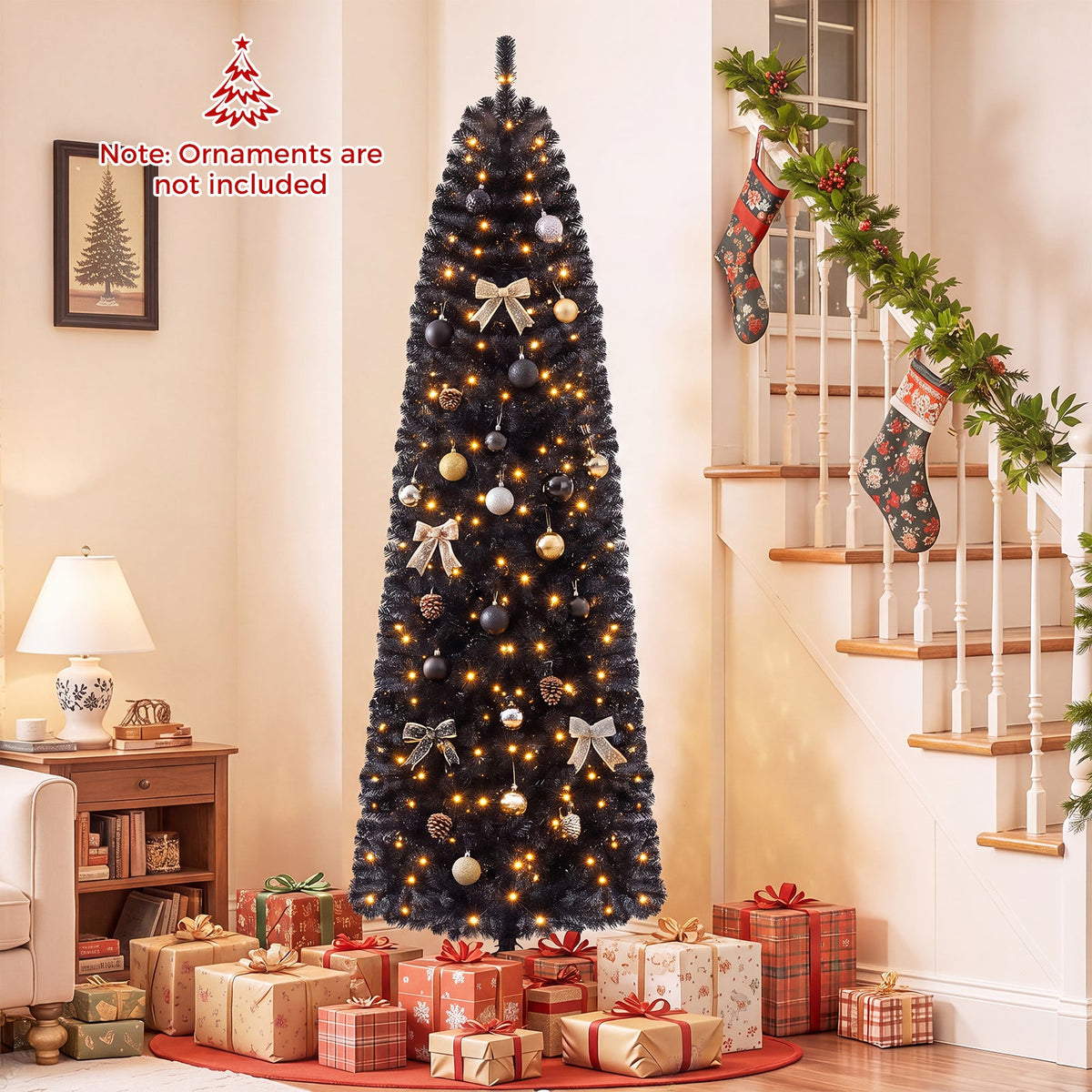 7 or 8 Ft Pre-Lit Black Slim Artificial Tree