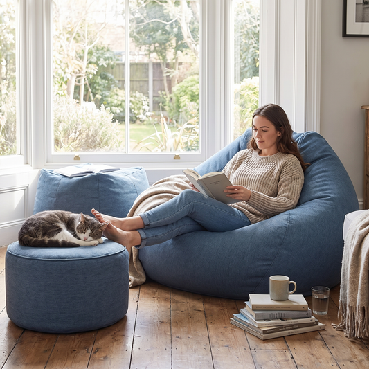 Linen bean bag chair in living room