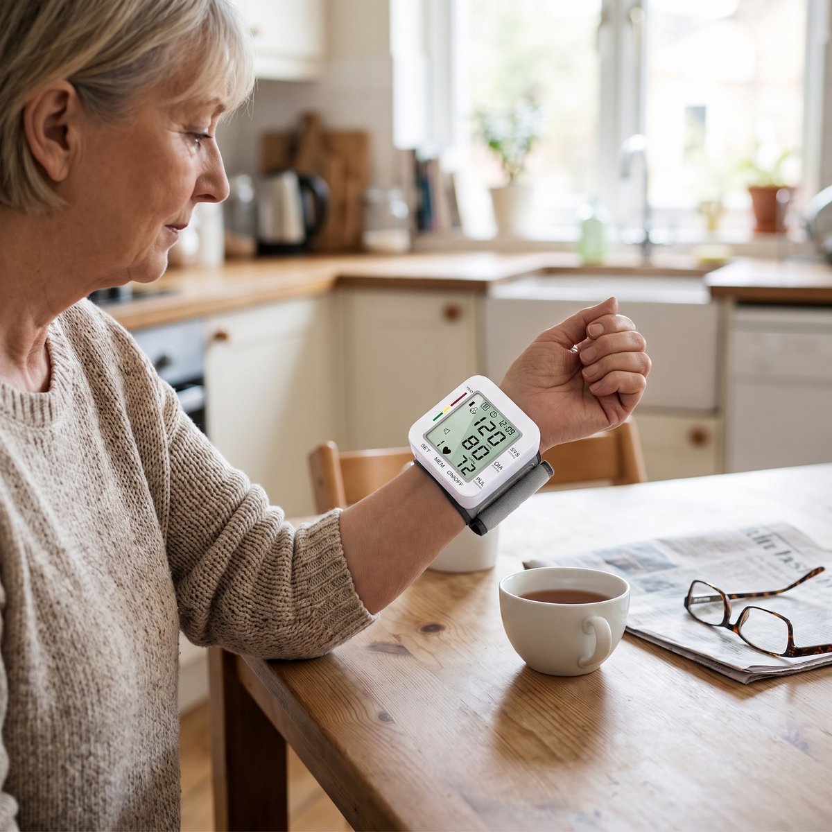 Wrist blood pressure monitor in use