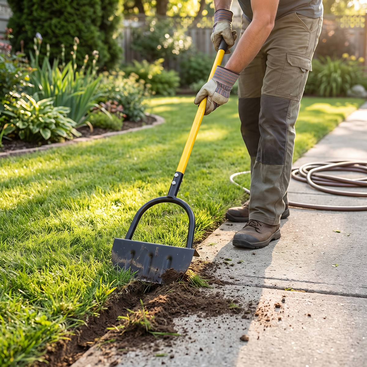 Lawn edger in use in garden