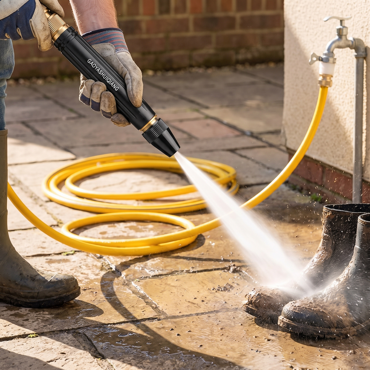 High pressure car wash gun in use