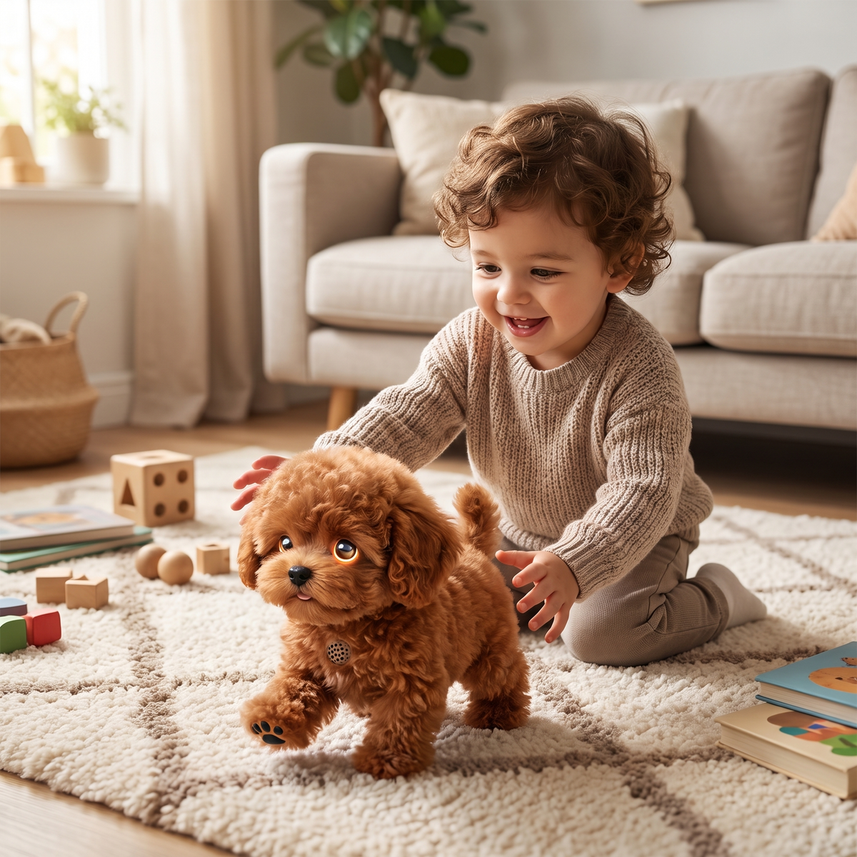 Robot puppy toy played with by a child at home