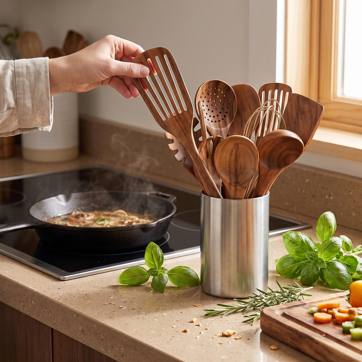 Teak kitchen utensil set in use on a countertop
