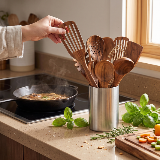 Teak kitchen utensil set in use on a countertop