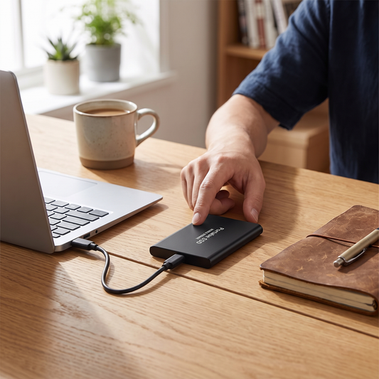 Portable external SSD on a desk beside a laptop