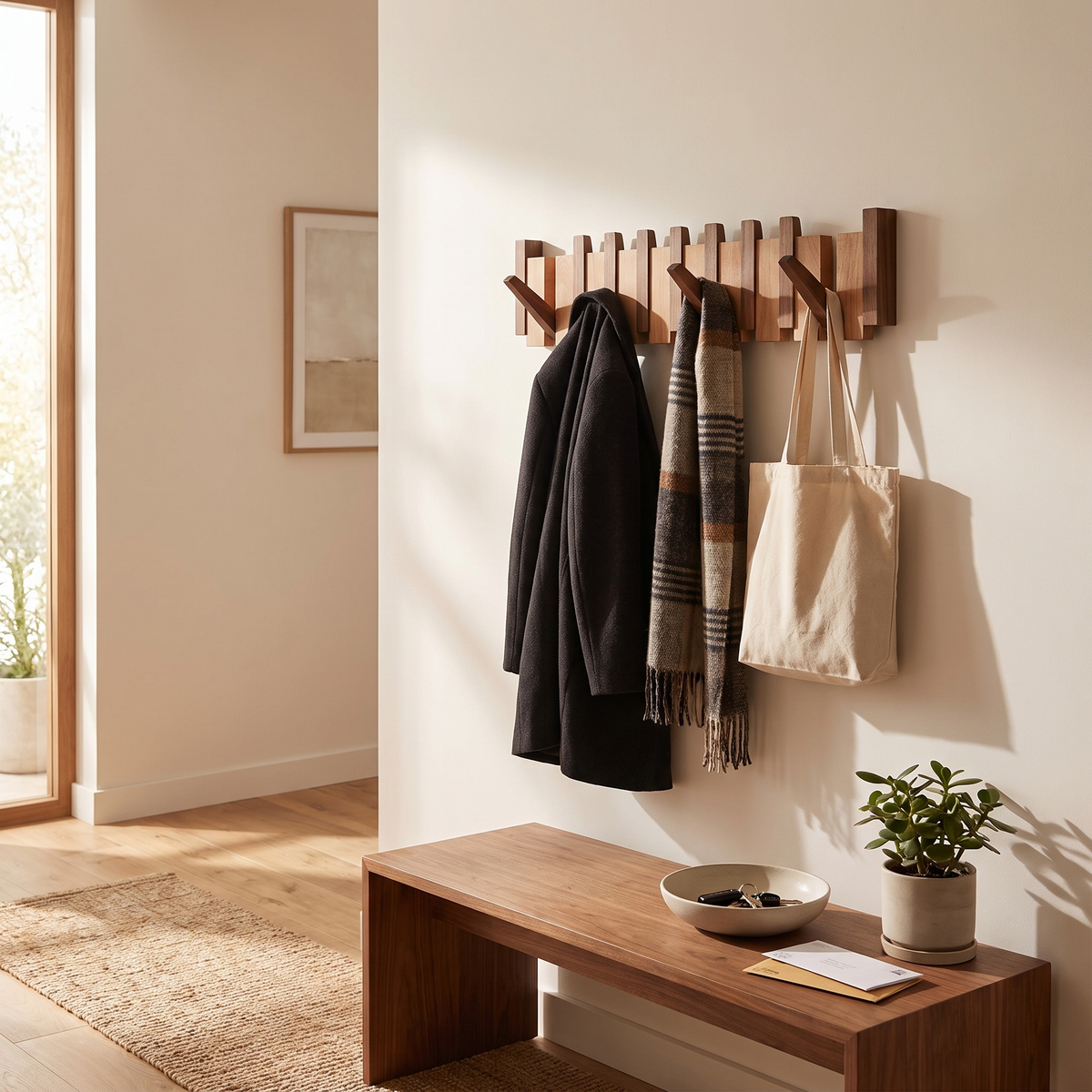 Piano design wooden coat rack in a hallway