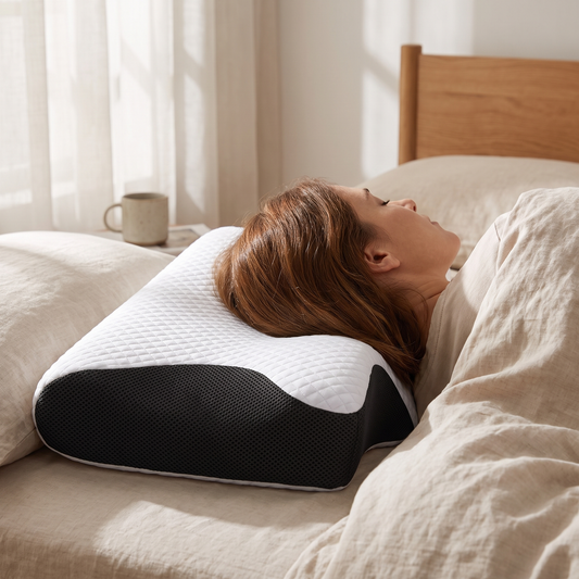 Orthopedic memory foam pillow in use on a bed
