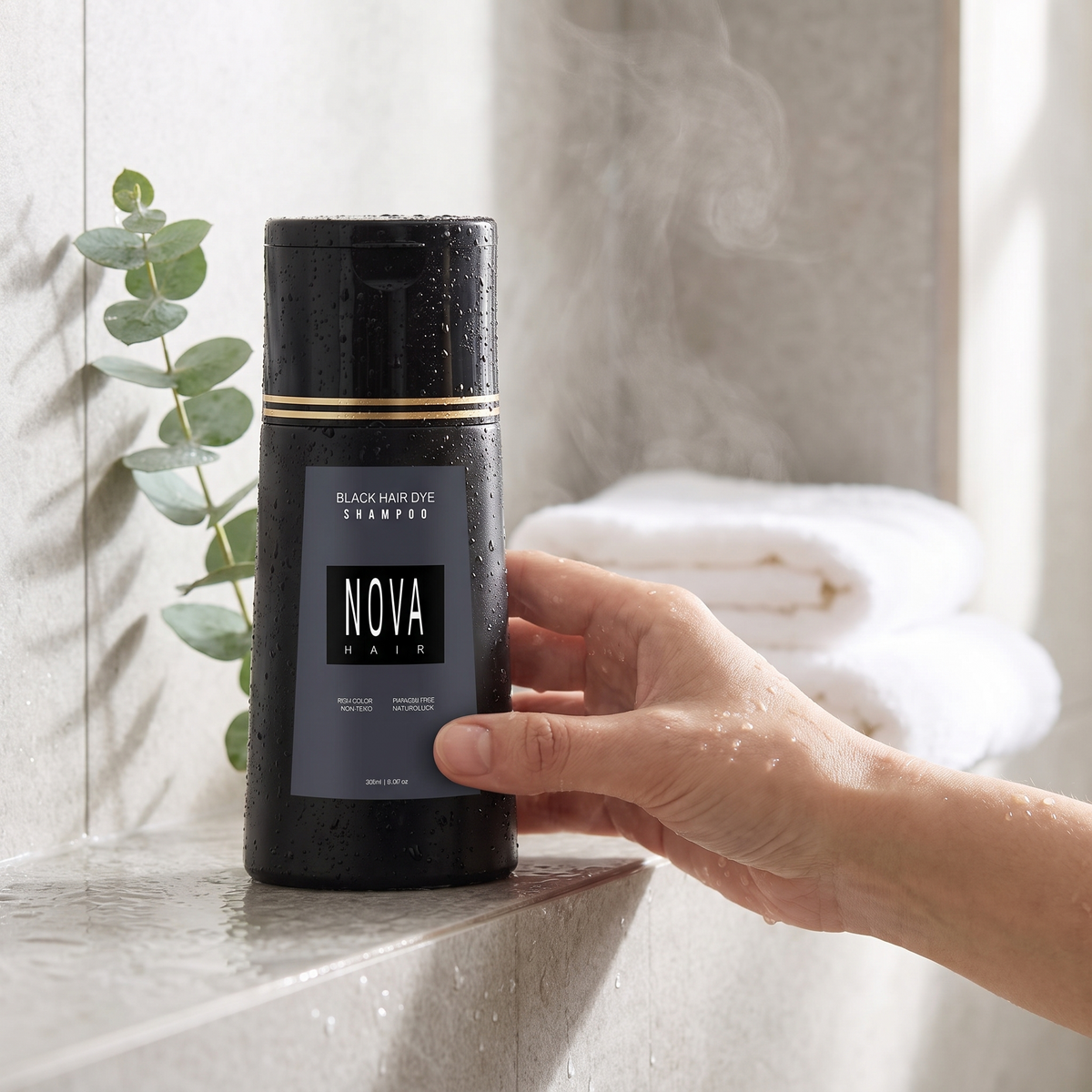 Color shampoo bottle in a modern bathroom