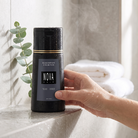 Color shampoo bottle in a modern bathroom