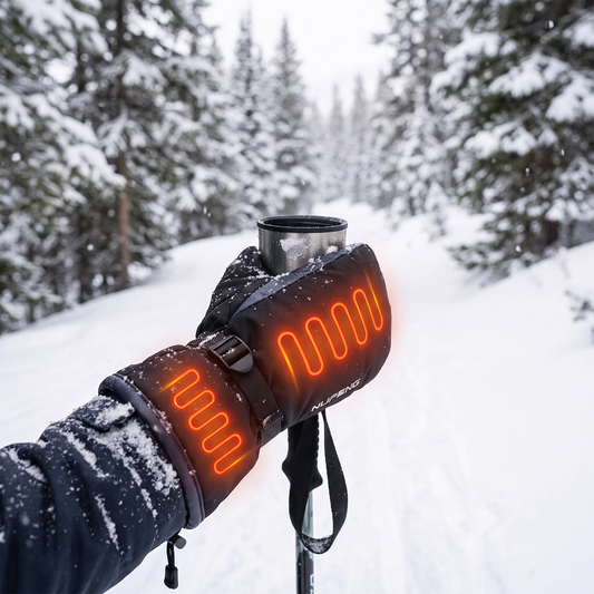 USB heated gloves worn outdoors in winter