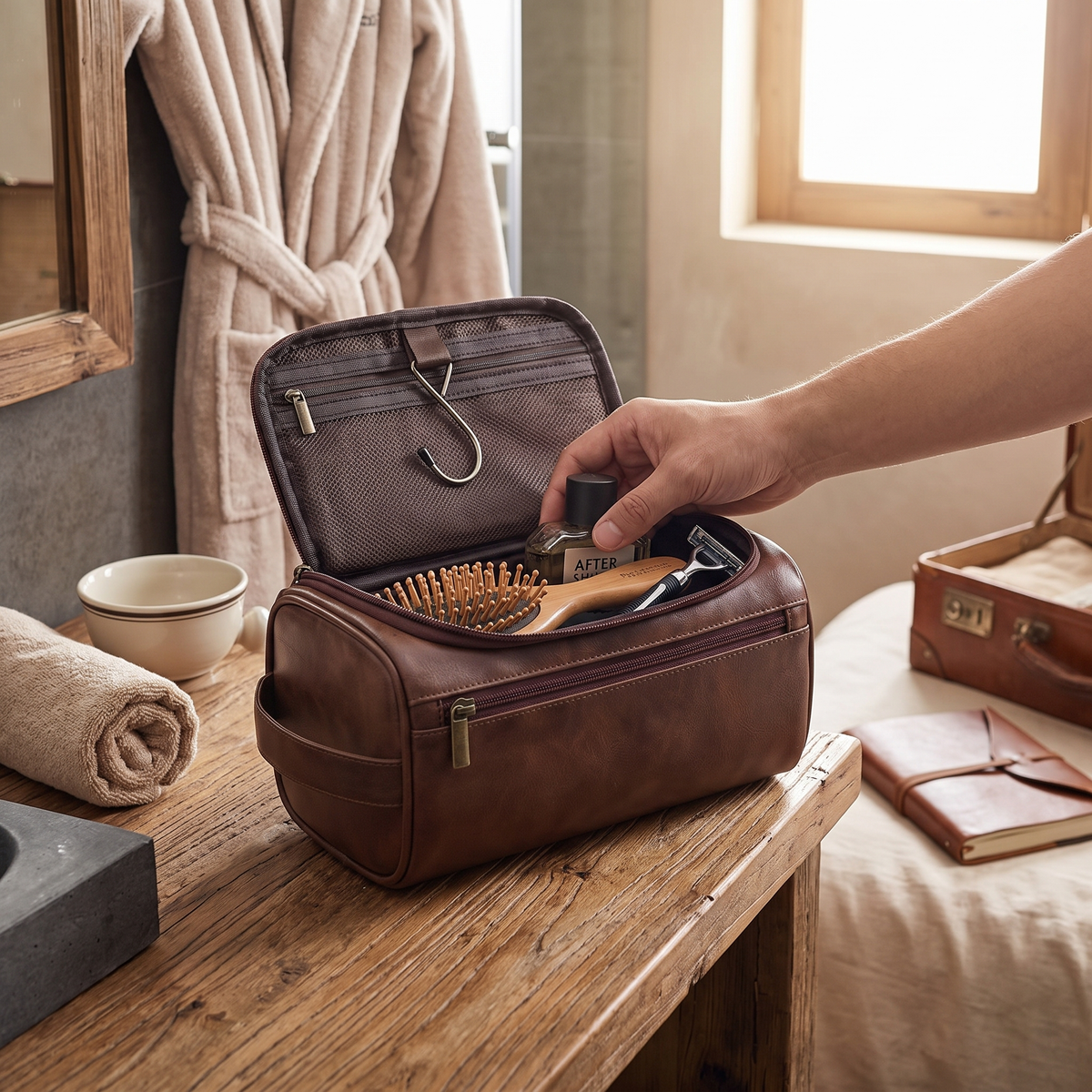 Leather travel toiletry bag in use while packing