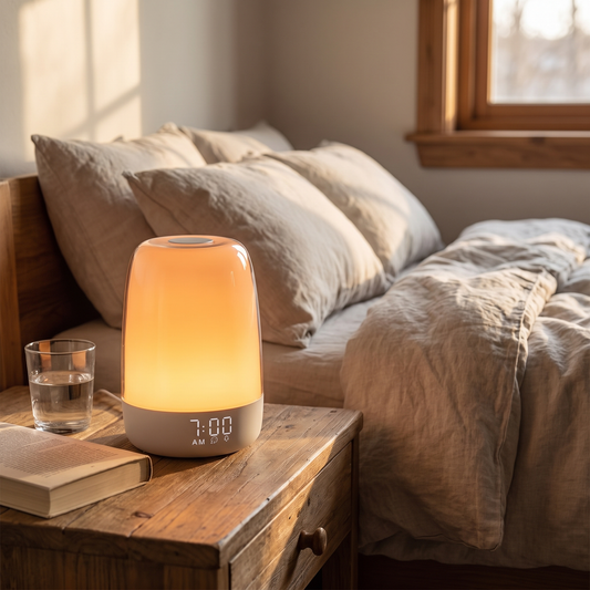 Sunrise wake-up light on a bedside table