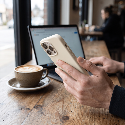 MagSafe silicone iPhone case in hand at a cafe