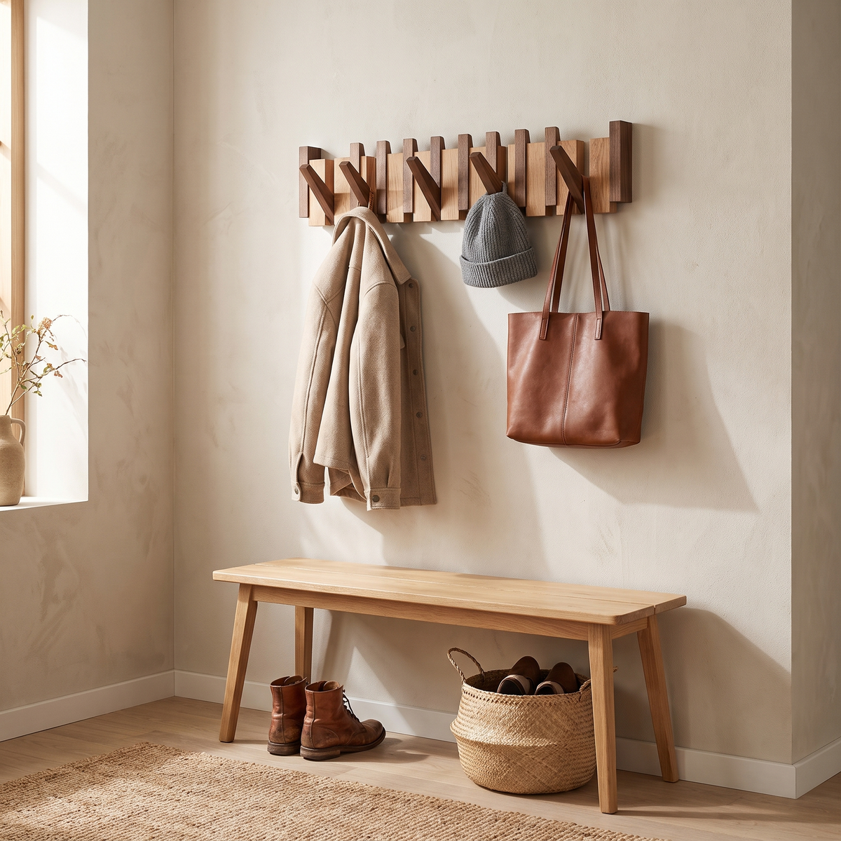 Wooden wall coat rack in a bright entryway