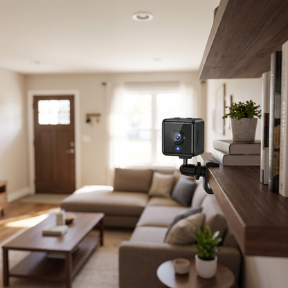 Wireless mini security camera mounted in a home