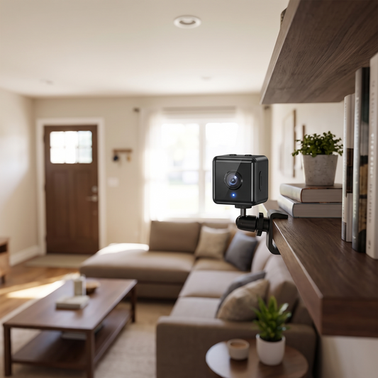 Wireless mini security camera mounted in a home