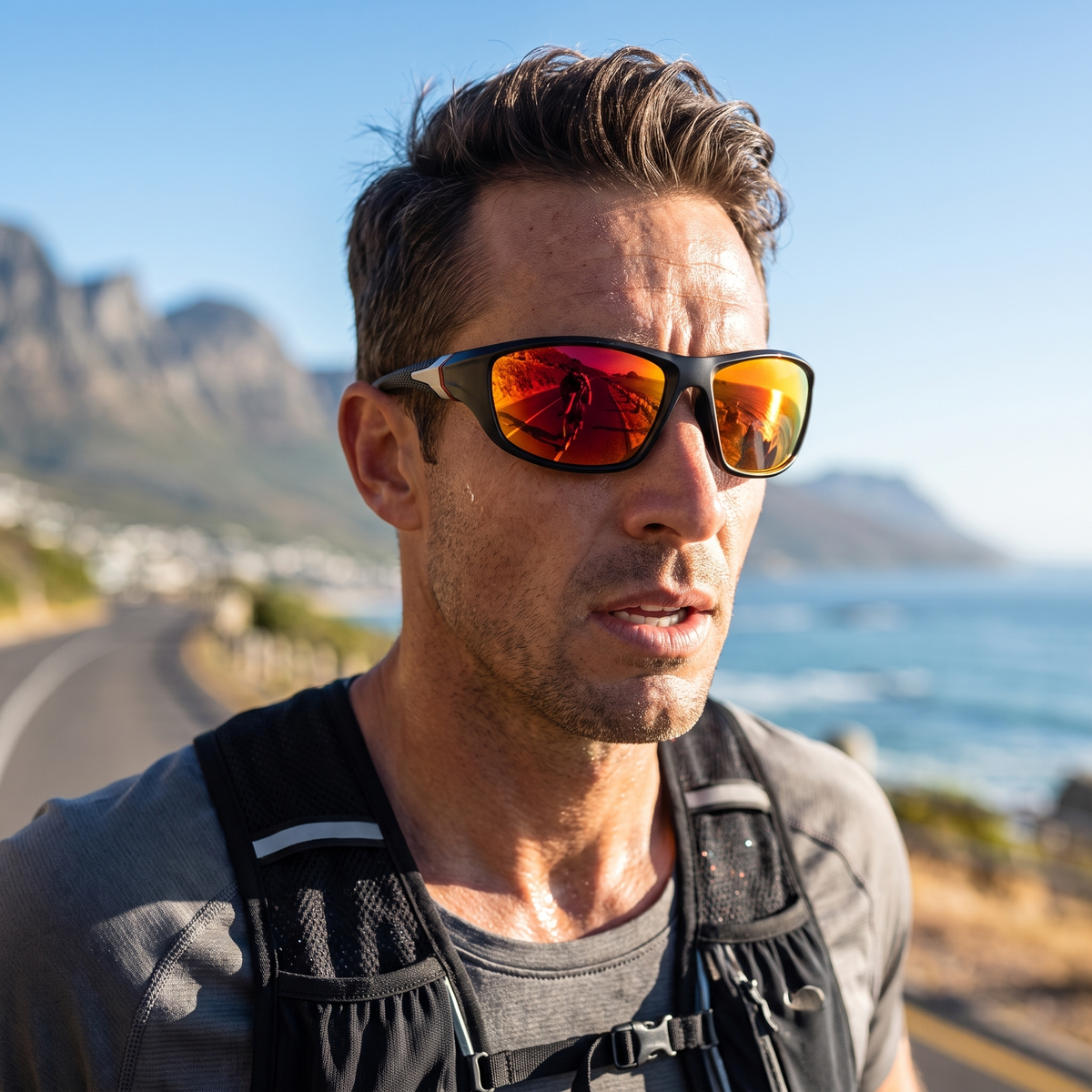 Polarized sport sunglasses worn outdoors
