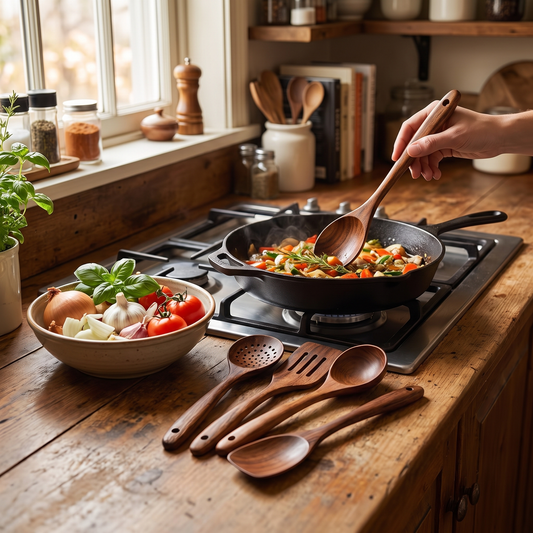 Natural wood kitchen utensils in use
