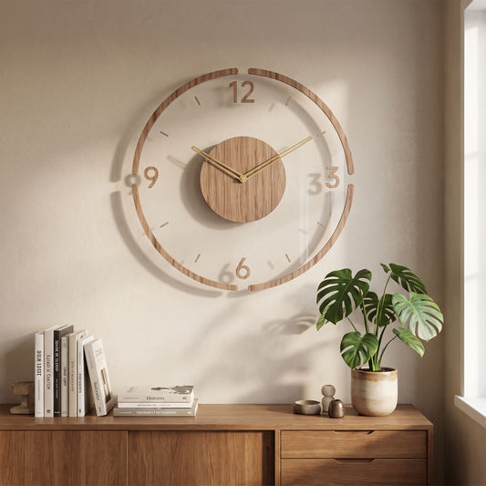 Minimalist wooden wall clock in a living room