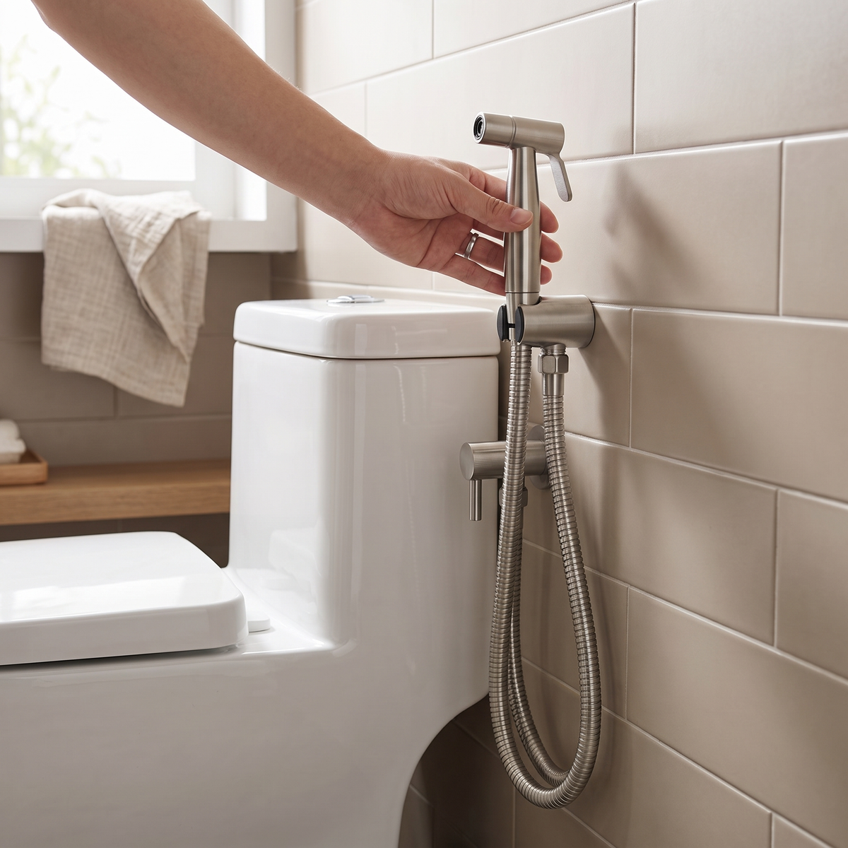 Stainless steel bidet sprayer in a bathroom