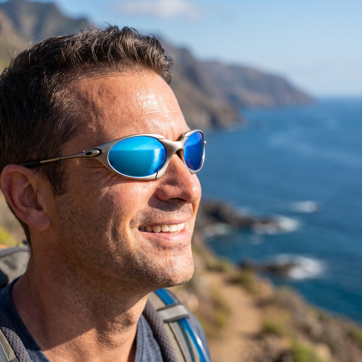 Men's polarized sport sunglasses worn outdoors