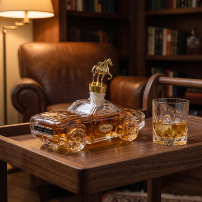Car-shaped whiskey decanter on a home bar cart