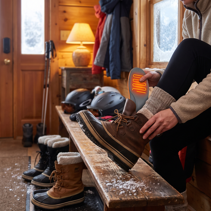 Heated insoles being placed into a winter boot